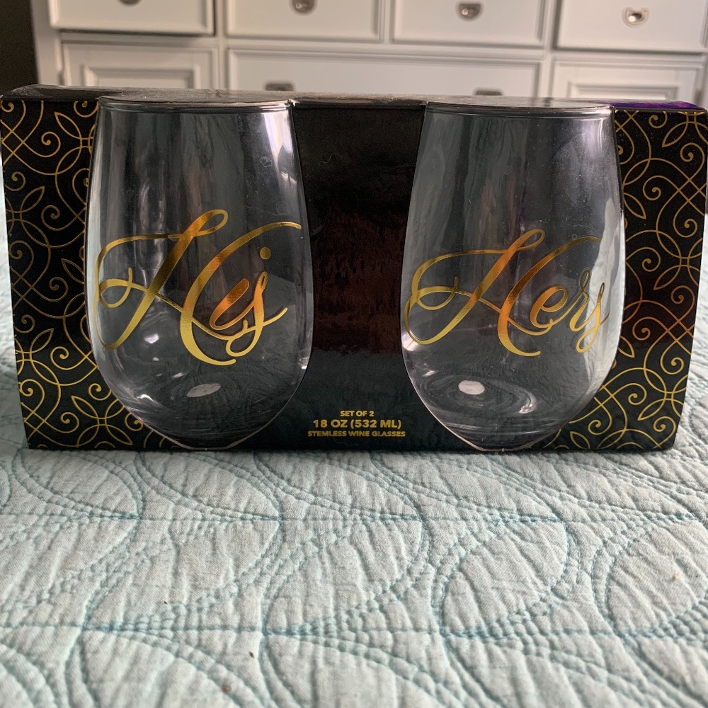 New In Box His and Hers Stemless Wine Glasses